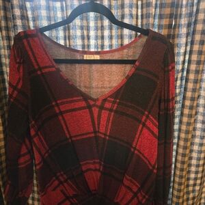 Maurices Red and Black Plaid V-Neck Sweater